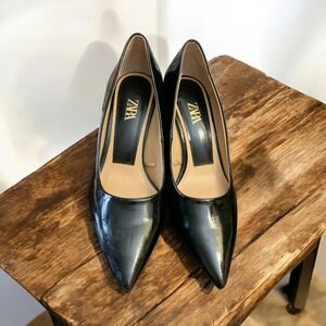 Zara Black Patent Leather Pointed Toe Block Heel Pumps Classic Size‎ 39 sz 9
